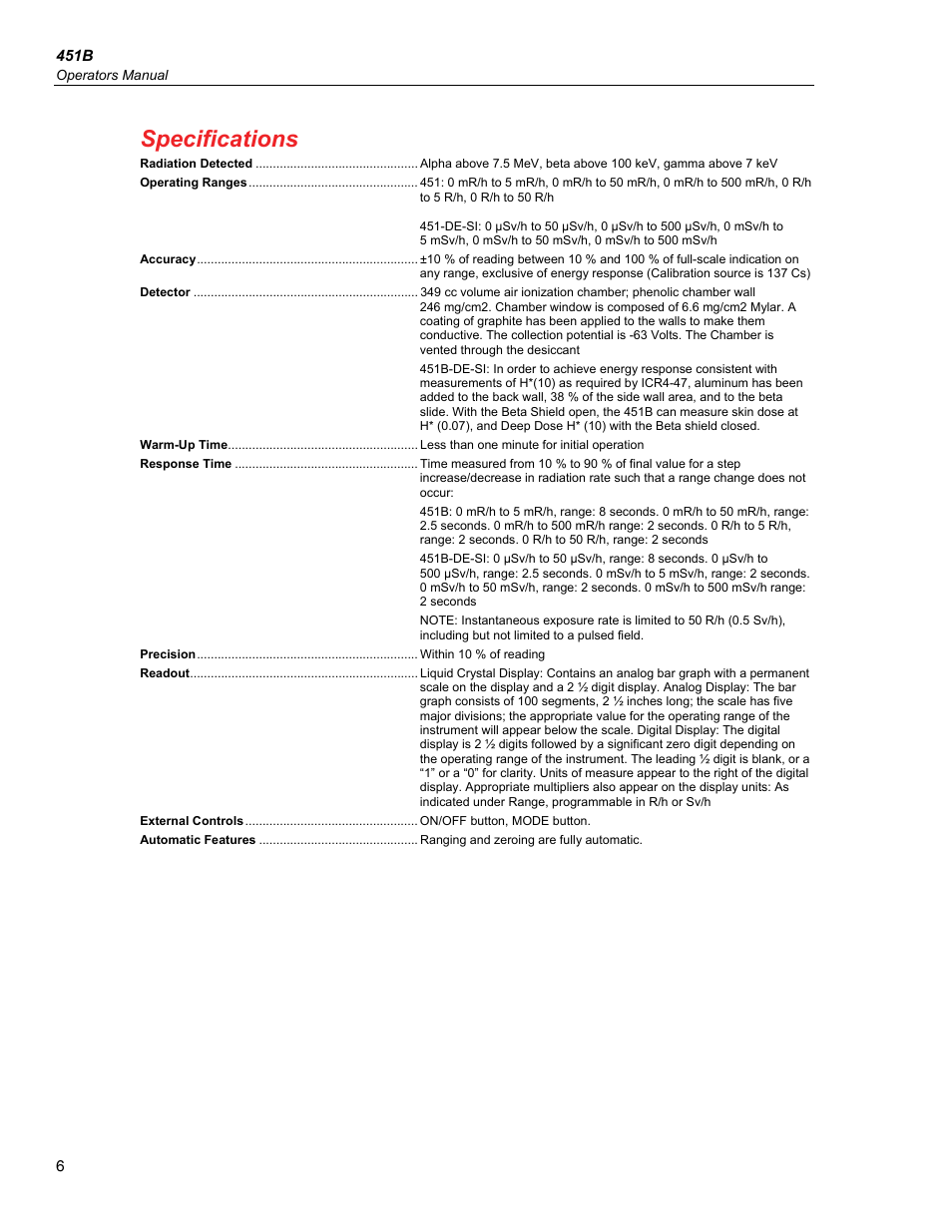 Specifications | Fluke Biomedical 451B User Manual | Page 16 / 30