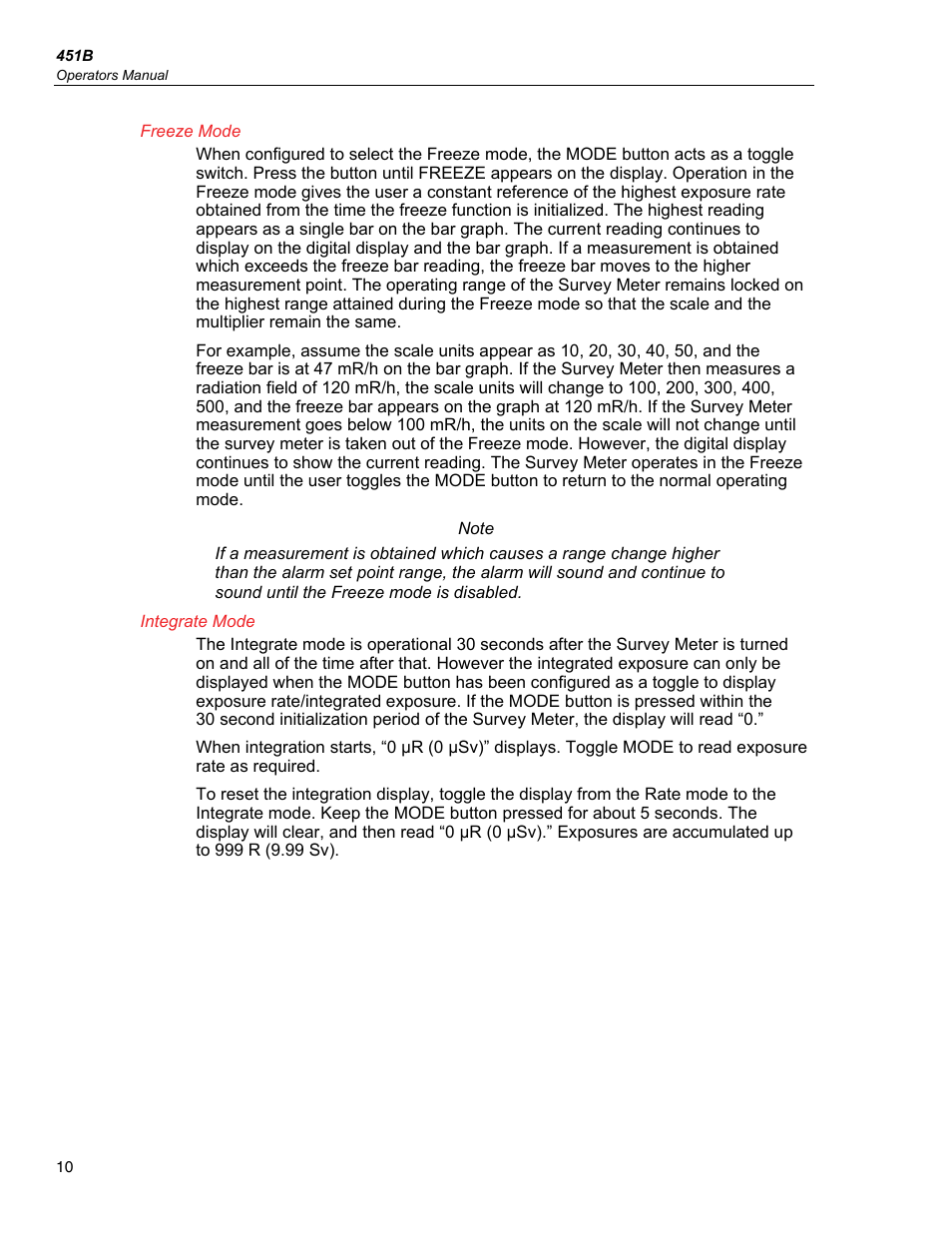 Freeze mode, Integrate mode | Fluke Biomedical 451B User Manual | Page 20 / 30