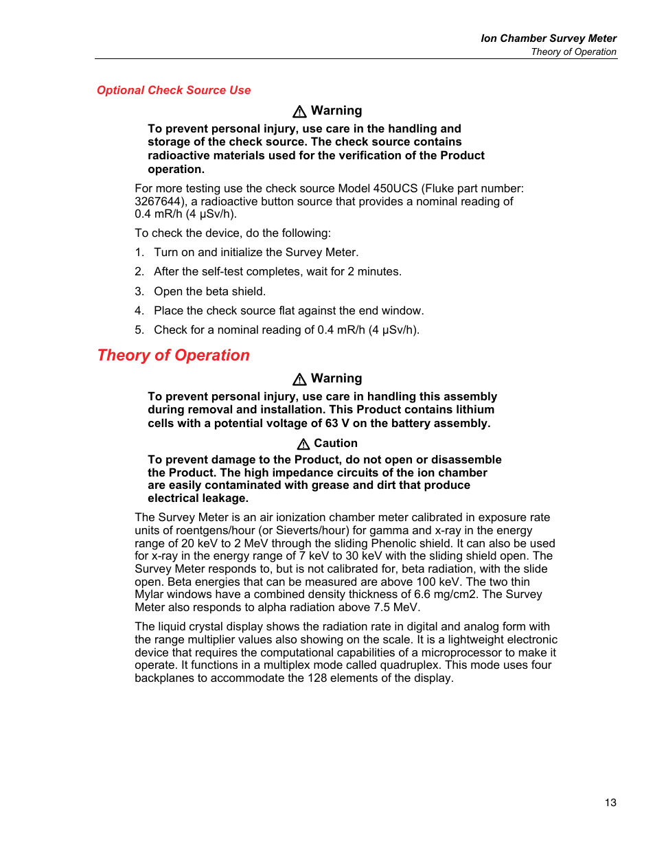 Optional check source use, Theory of operation | Fluke Biomedical 451B User Manual | Page 23 / 30