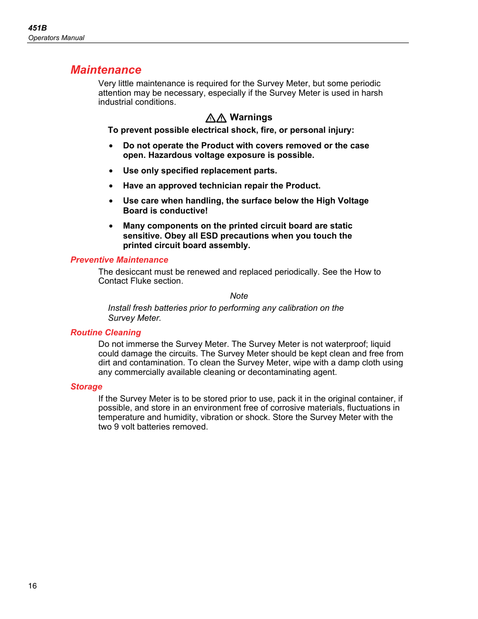 Maintenance, Preventive maintenance, Routine cleaning | Storage | Fluke Biomedical 451B User Manual | Page 26 / 30