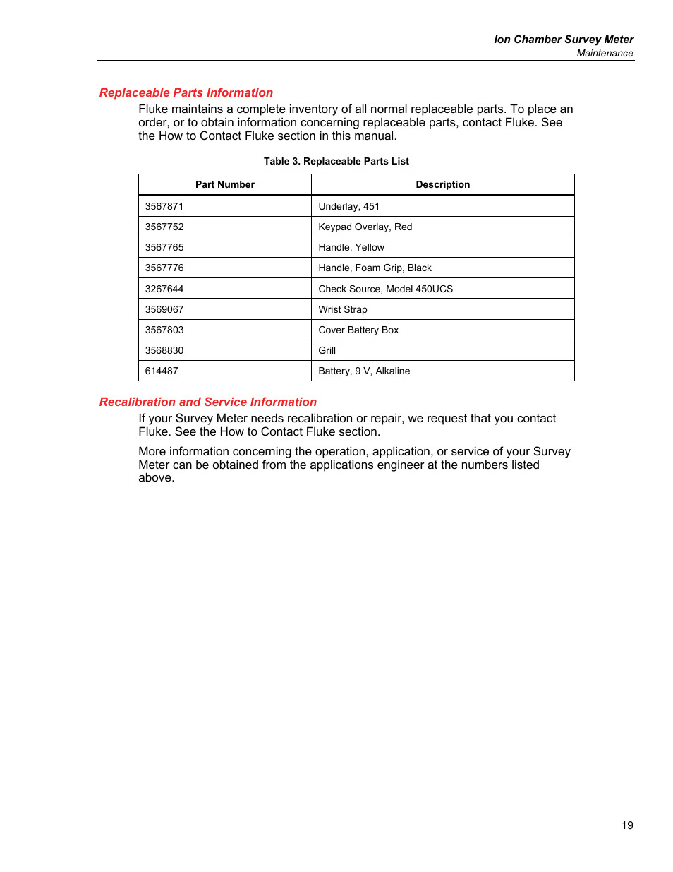 Replaceable parts information, Recalibration and service information | Fluke Biomedical 451B User Manual | Page 29 / 30