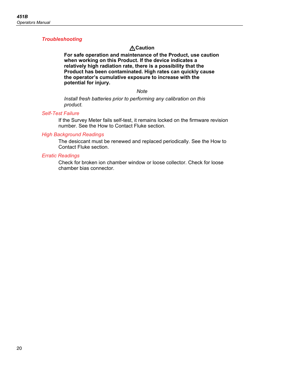 Troubleshooting, Self-test failure, High background readings | Erratic readings | Fluke Biomedical 451B User Manual | Page 30 / 30