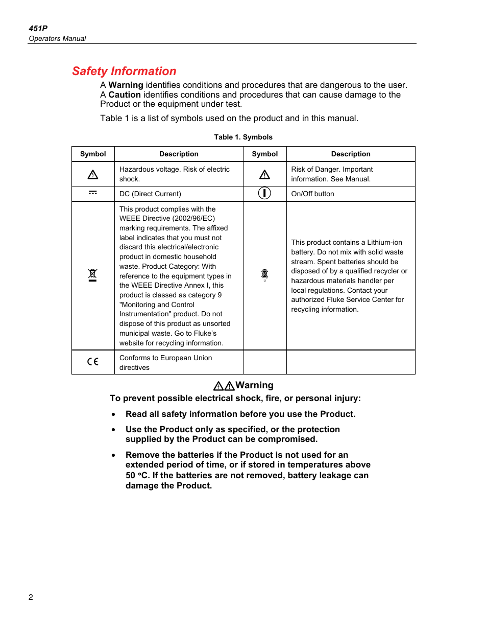 Safety information | Fluke Biomedical 451P User Manual | Page 12 / 30