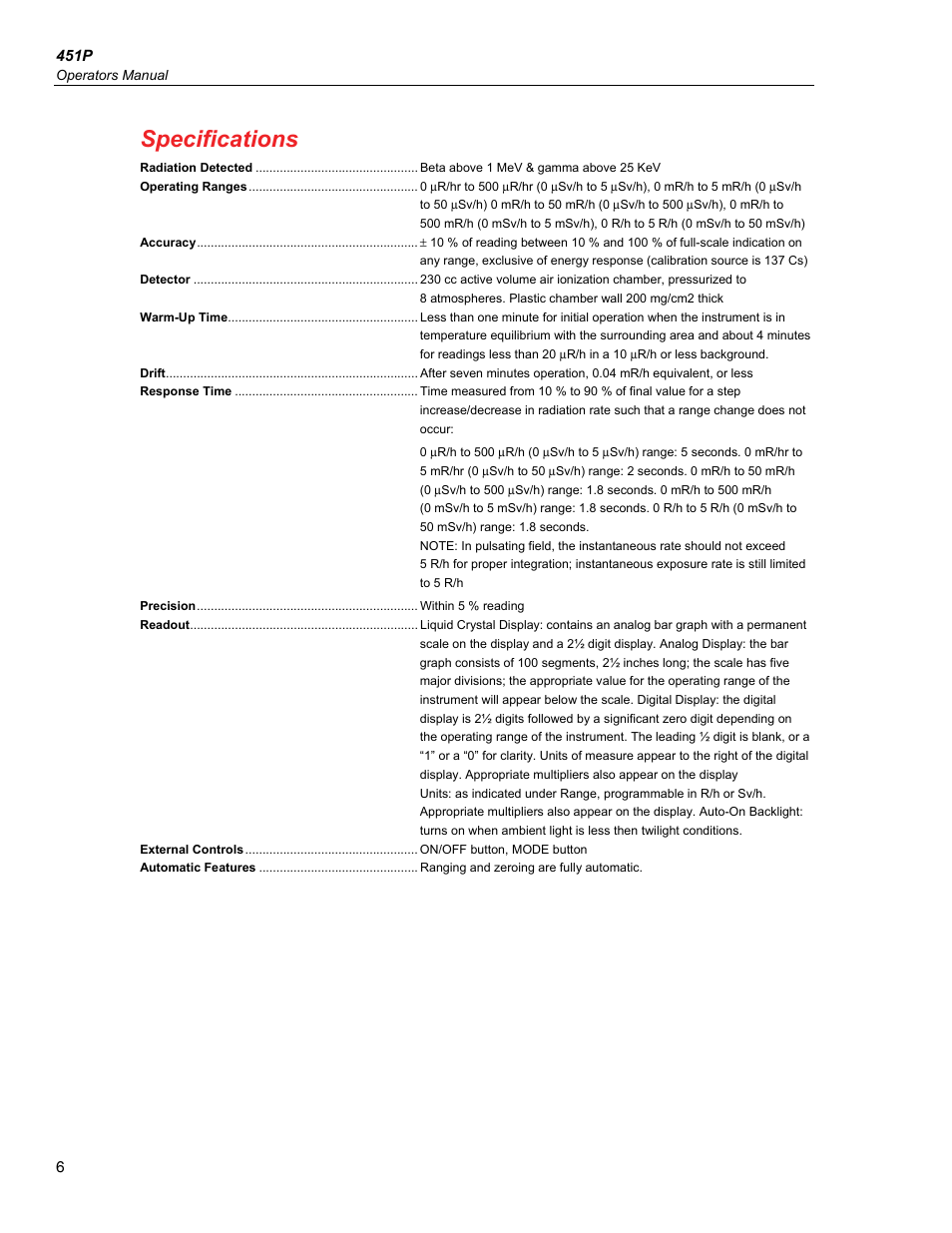 Specifications | Fluke Biomedical 451P User Manual | Page 16 / 30