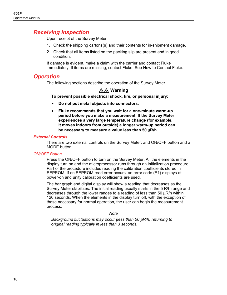 Receiving inspection, Operation, External controls | On/off button | Fluke Biomedical 451P User Manual | Page 20 / 30