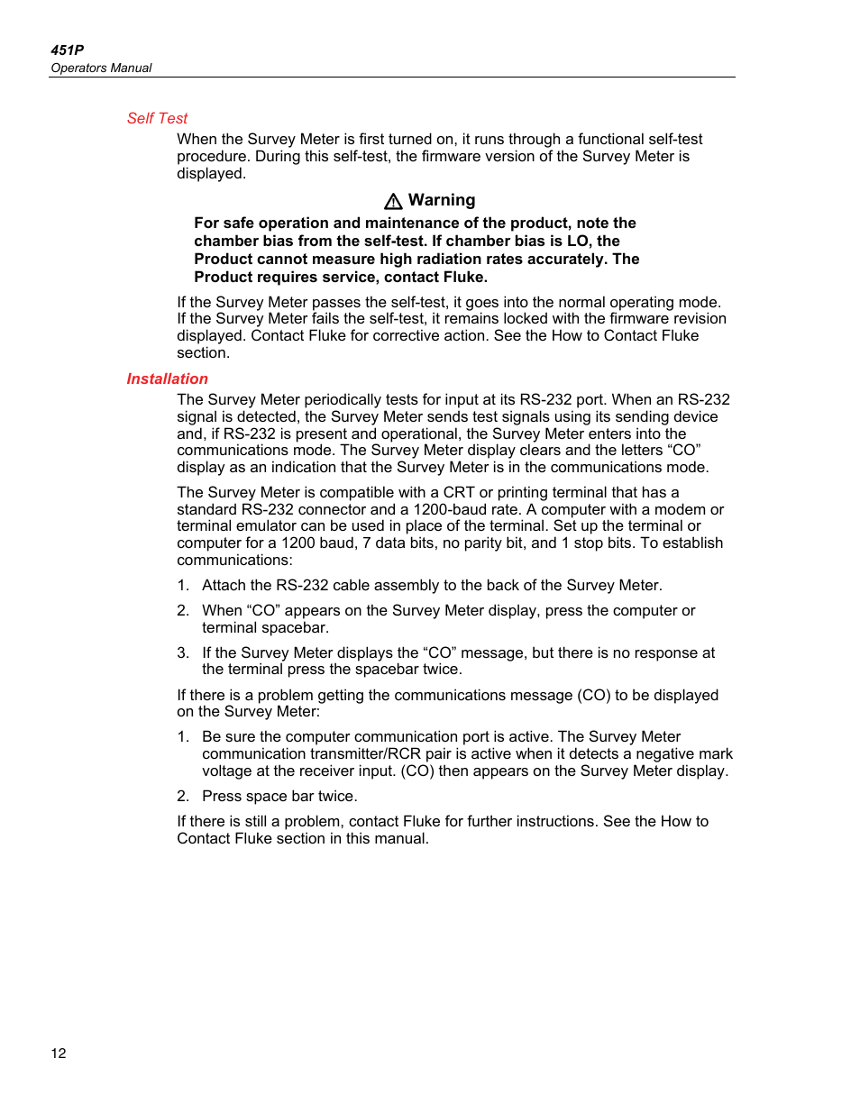 Self test, Installation | Fluke Biomedical 451P User Manual | Page 22 / 30