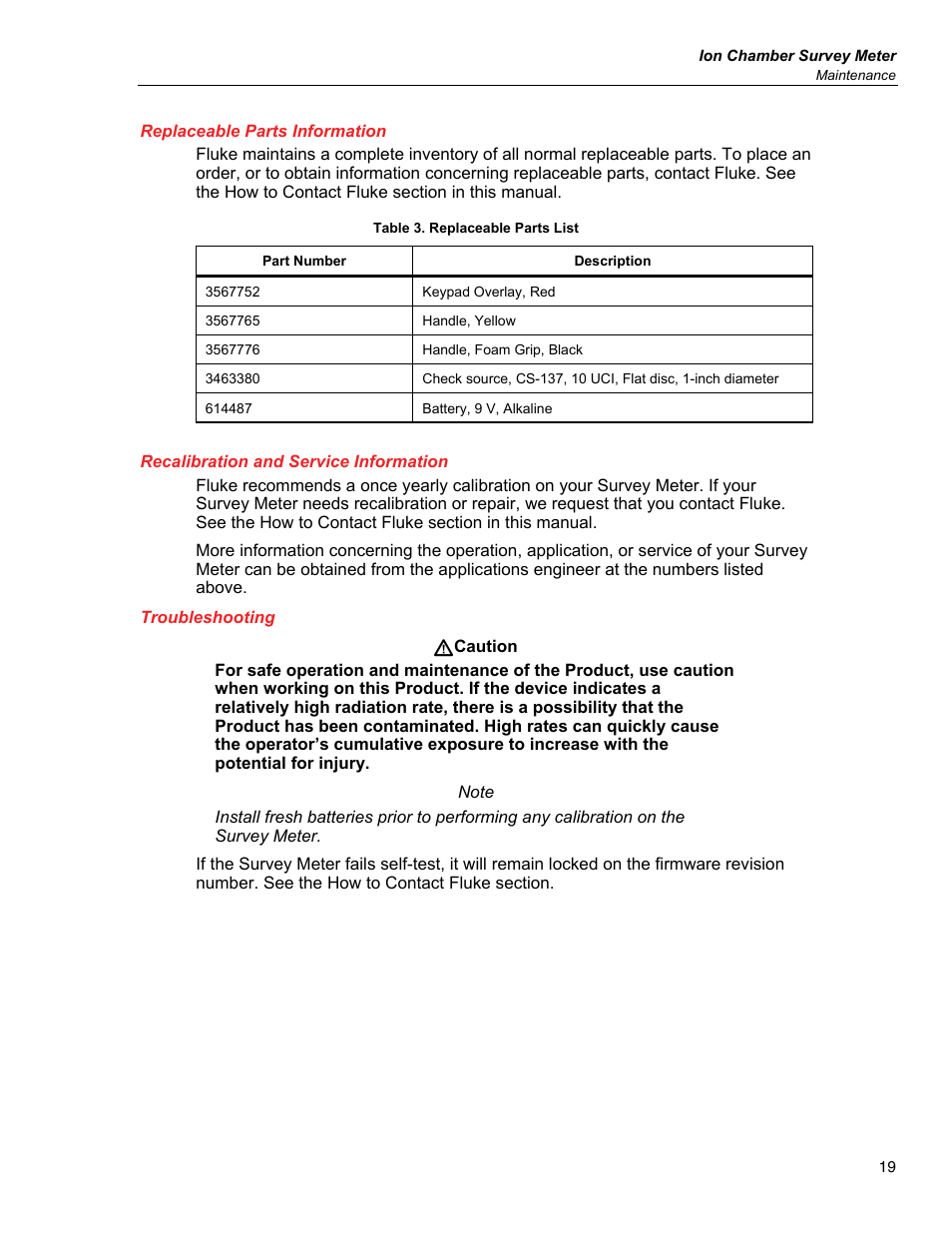 Replaceable parts information, Recalibration and service information, Troubleshooting | Fluke Biomedical 451P User Manual | Page 29 / 30