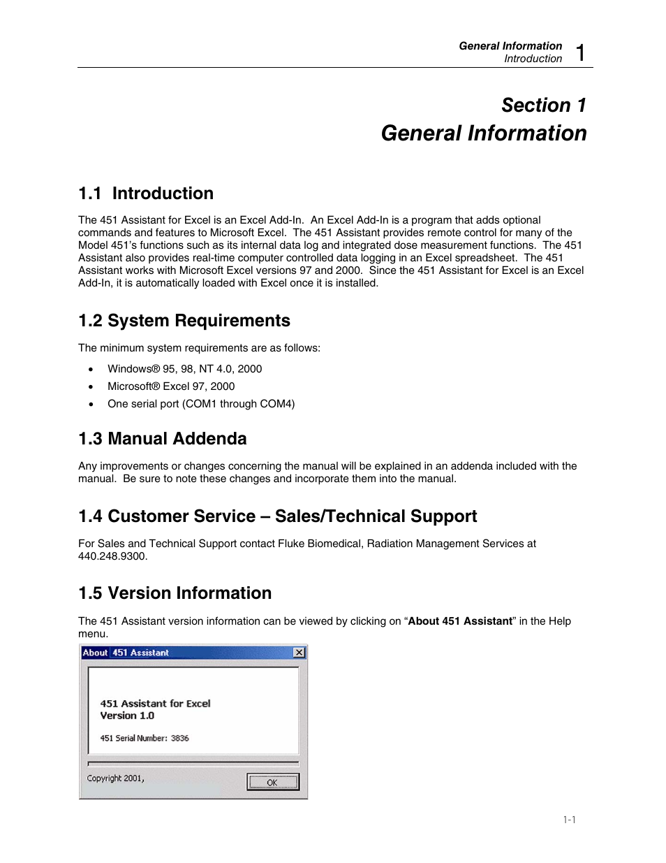 General information, 1 introduction, 2 system requirements | 3 manual addenda, 4 customer service – sales/technical support, 5 version information | Fluke Biomedical 451EXL User Manual | Page 5 / 18