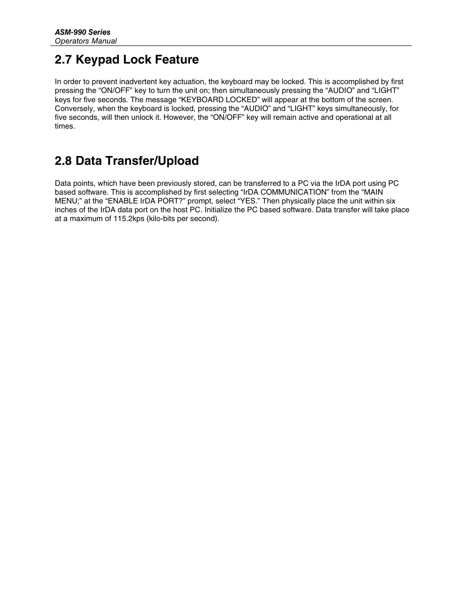 7 keypad lock feature, Data transfer/upload | Fluke Biomedical ASM-990 Series User Manual | Page 24 / 36