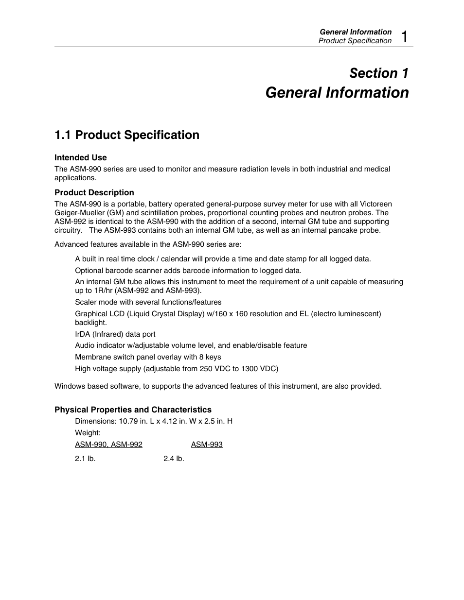 Section 1, General information, 1 product specification | Fluke Biomedical ASM-990 Series User Manual | Page 5 / 36