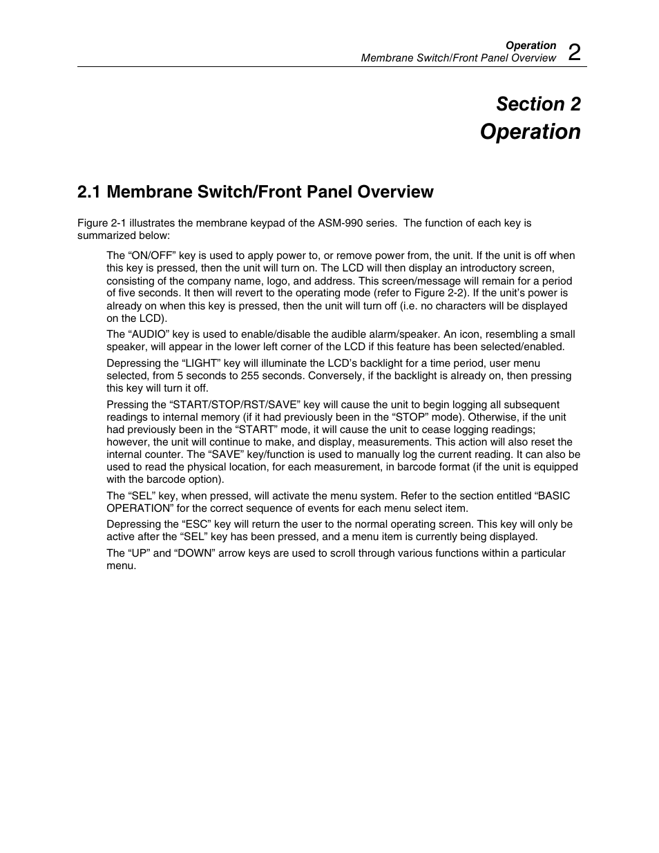Section 2, Operation, 1 membrane switch/front panel overview | Fluke Biomedical ASM-990 Series User Manual | Page 9 / 36