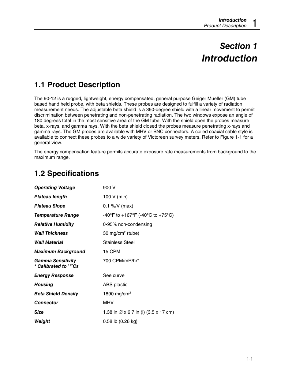 Introduction, 1 product description, 2 specifications | Fluke Biomedical 90-12 User Manual | Page 5 / 16