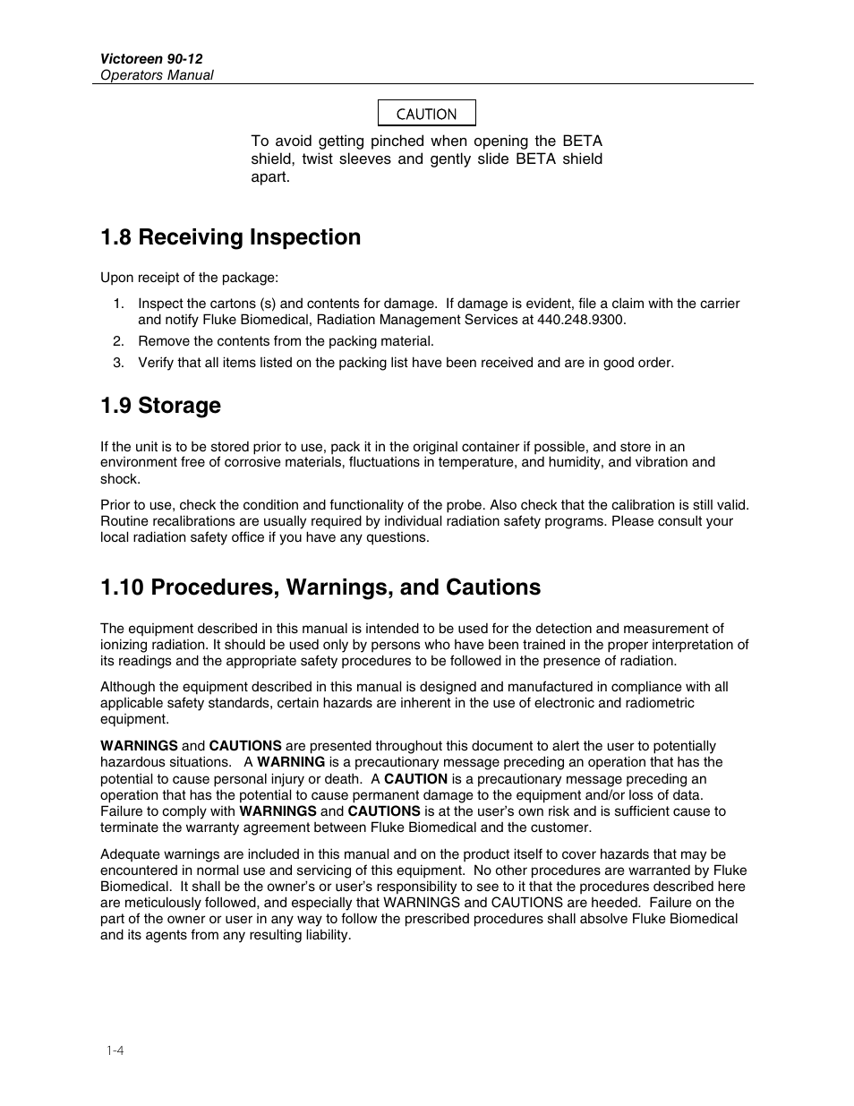 8 receiving inspection, 9 storage, 10 procedures, warnings, and cautions | Fluke Biomedical 90-12 User Manual | Page 8 / 16