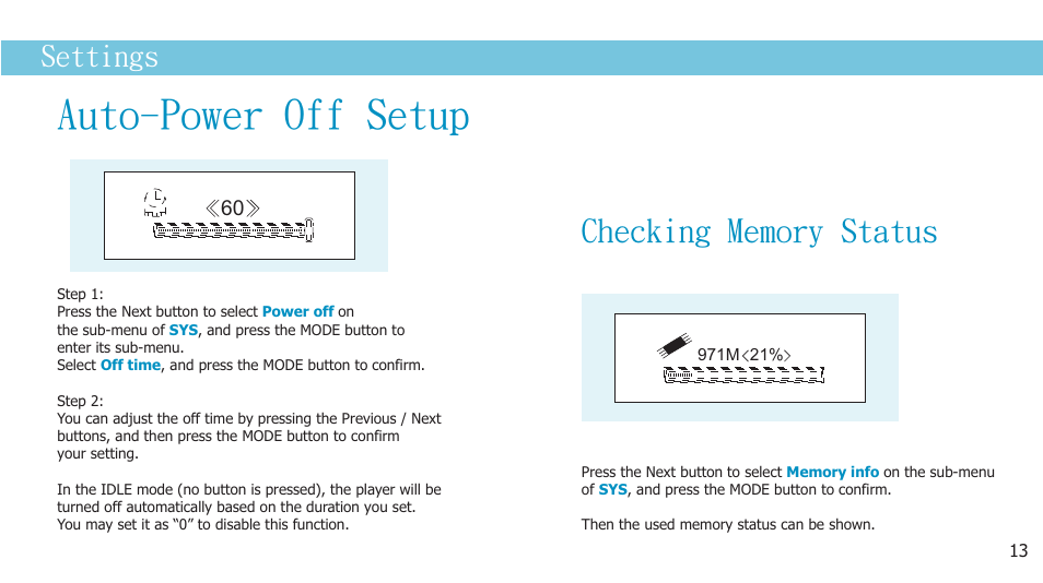 页 15, Auto-power off setup, Settings | Curtis MPS2015UK User Manual | Page 15 / 19