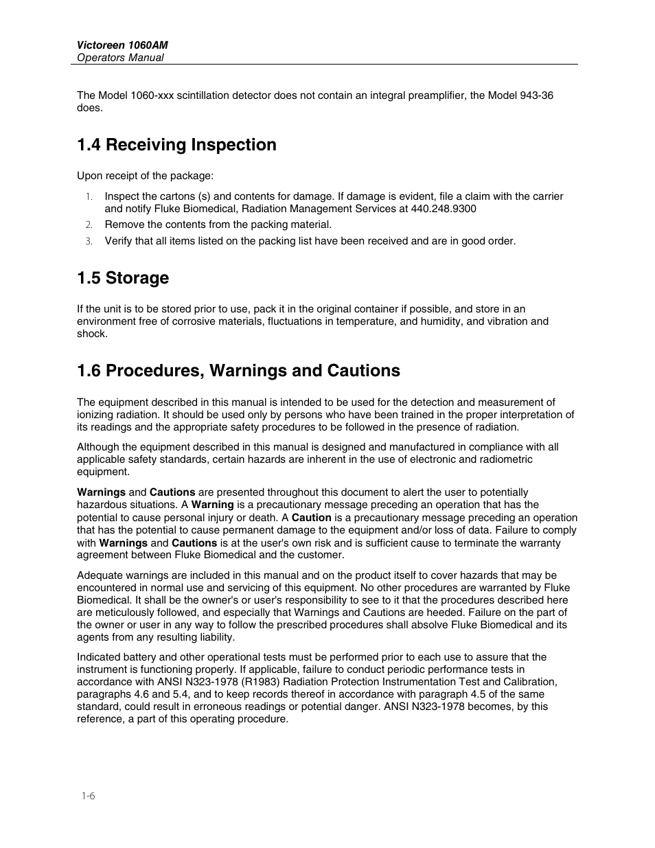 4 receiving inspection, 5 storage, 6 procedures, warnings and cautions | Fluke Biomedical 1060AM User Manual | Page 11 / 26