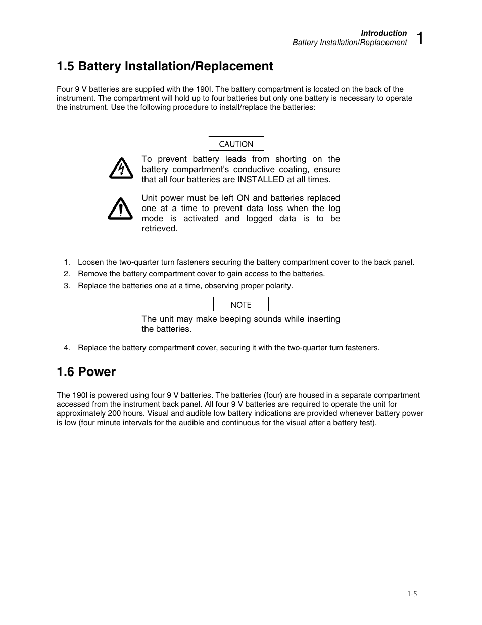 5 battery installation/replacement, 6 power | Fluke Biomedical 190I User Manual | Page 9 / 28