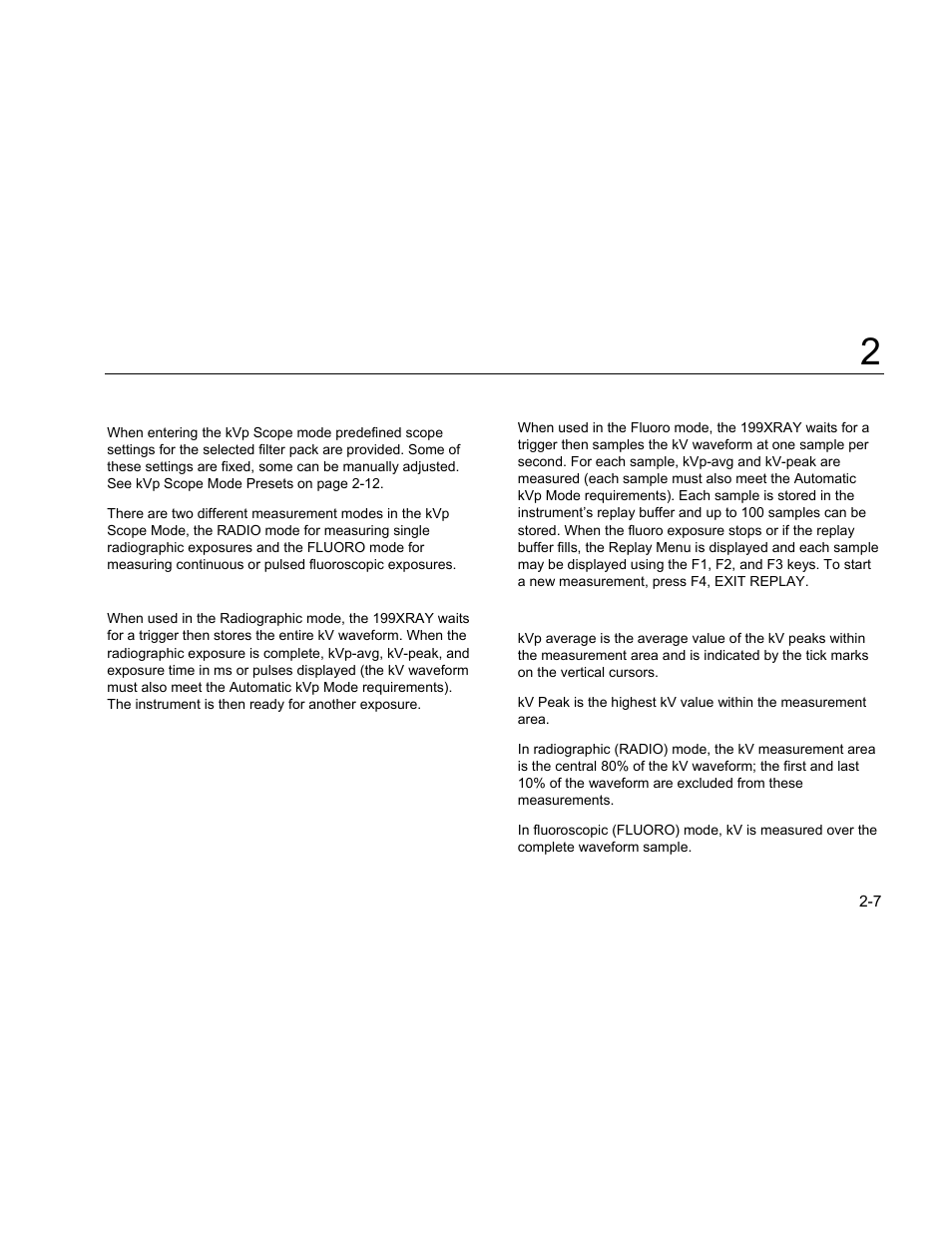 Kvp scope mode, Radiographic mode (radio), Fluoro mode (fluoro) | Kv measurements | Fluke Biomedical 199XRAY User Manual | Page 15 / 22