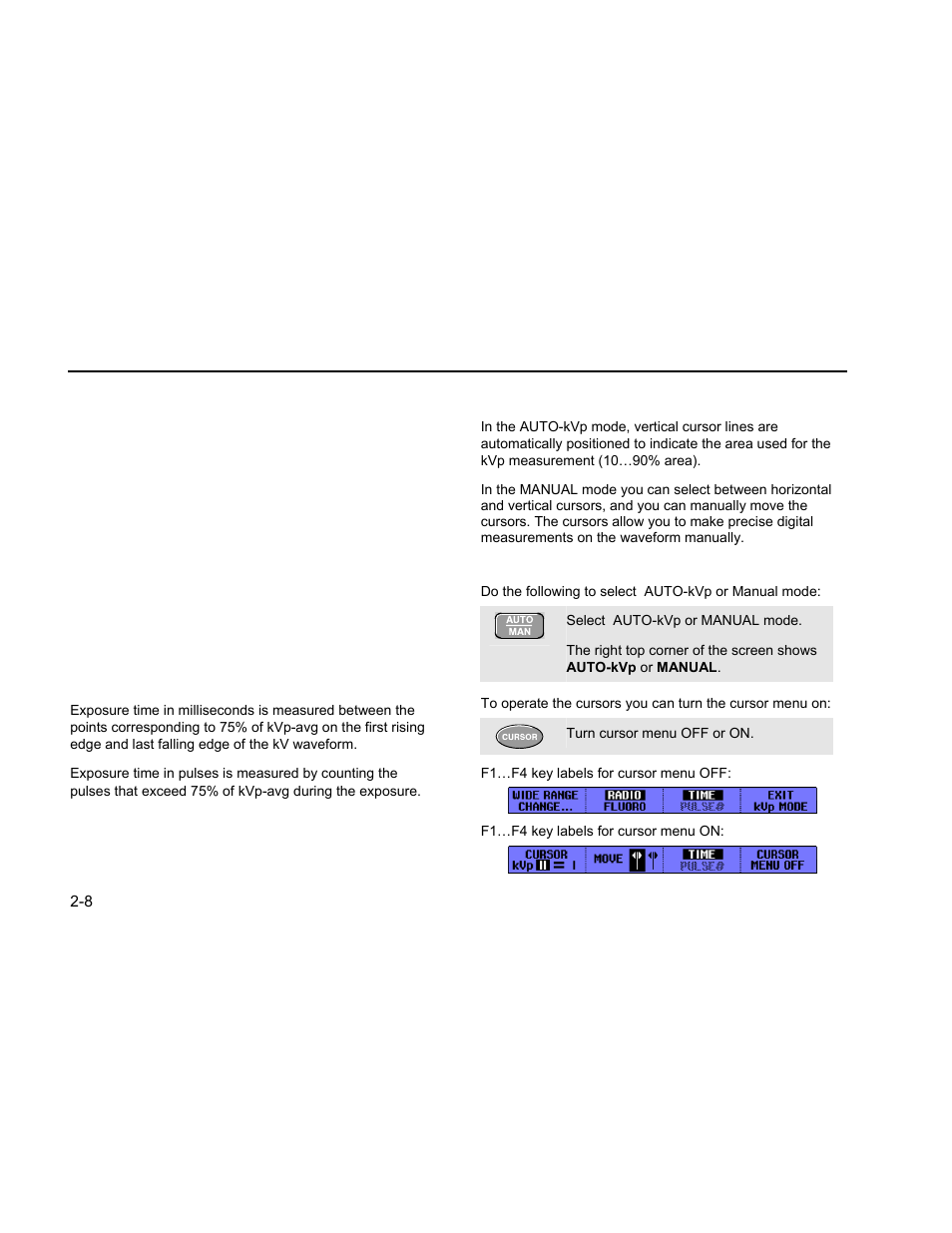 Exposure time measurements (radio only), Auto-kvp mode, manual mode, Selecting auto-kvp mode – manual mode | Fluke Biomedical 199XRAY User Manual | Page 16 / 22