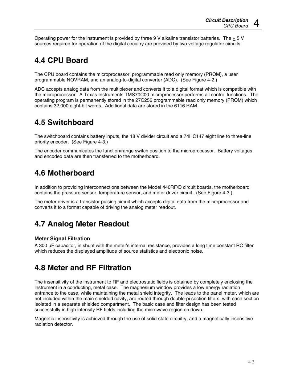 4 cpu board, 5 switchboard, 6 motherboard | 7 analog meter readout, 8 meter and rf filtration | Fluke Biomedical 440RF User Manual | Page 29 / 38