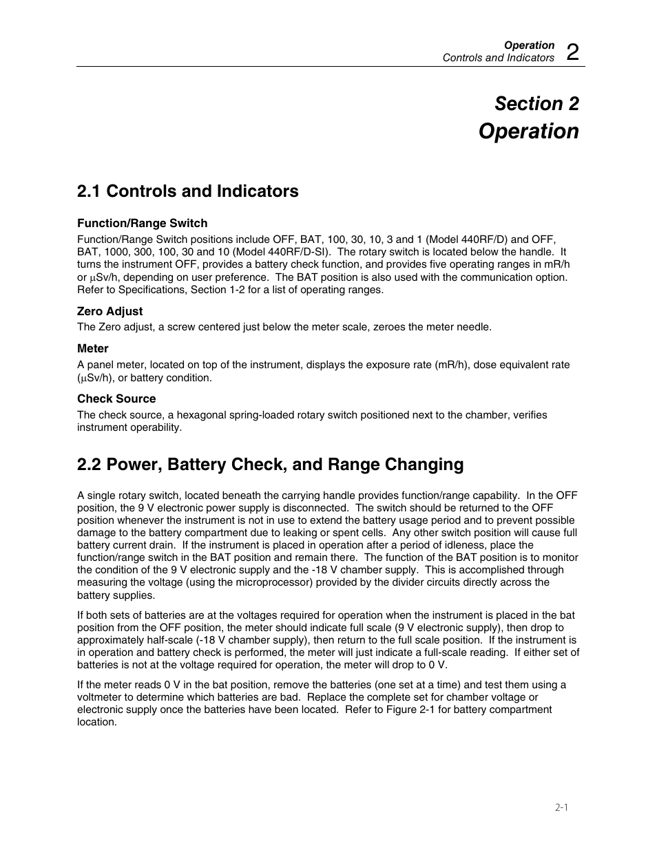 Operation, 1 controls and indicators, 2 power, battery check, and range changing | Fluke Biomedical 440RF User Manual | Page 9 / 38