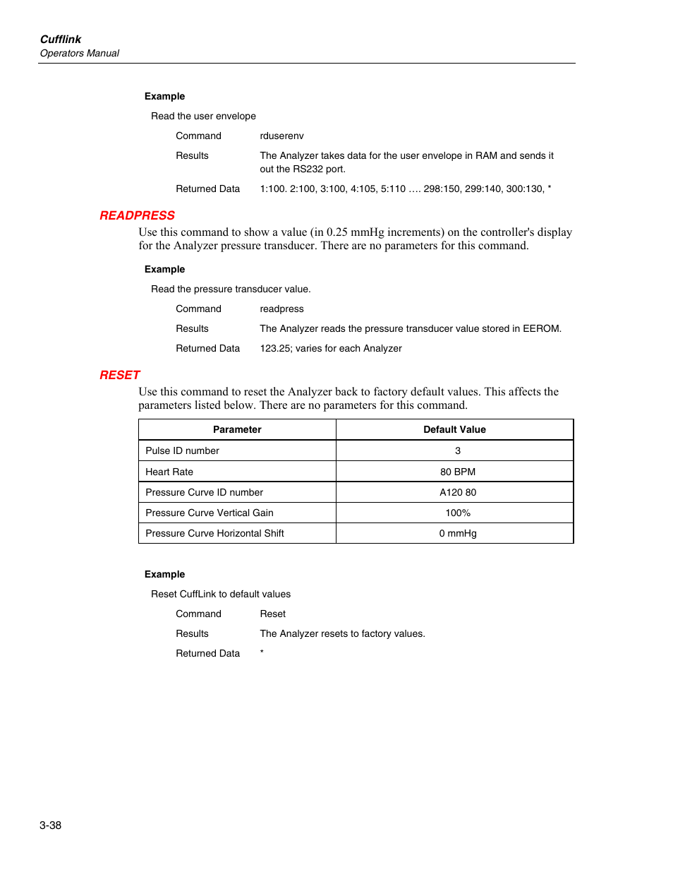 Readpress, Reset | Fluke Biomedical Cufflink User Manual | Page 112 / 150