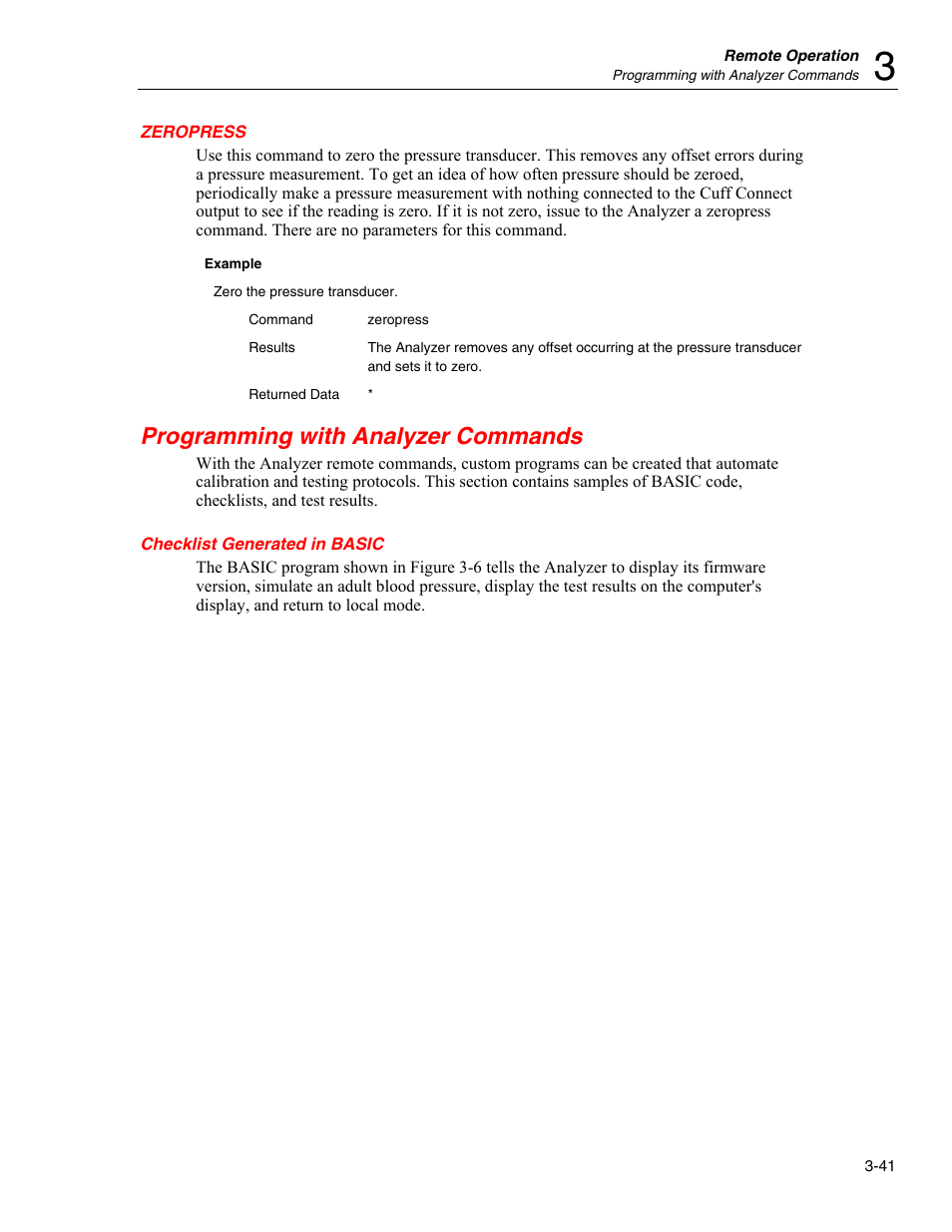 Zeropress, Programming with analyzer commands, Checklist generated in basic | Fluke Biomedical Cufflink User Manual | Page 115 / 150