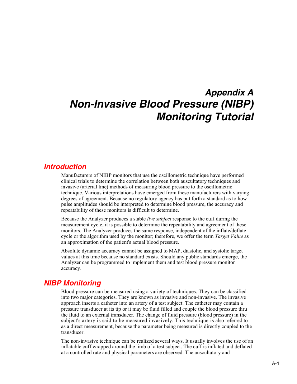 A. monitoring tutorial, Appendix a, Introduction | Nibp monitoring | Fluke Biomedical Cufflink User Manual | Page 137 / 150