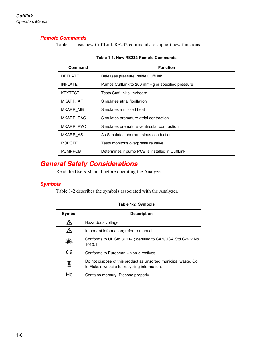 Remote commands, General safety considerations, Symbols | Fluke Biomedical Cufflink User Manual | Page 18 / 150