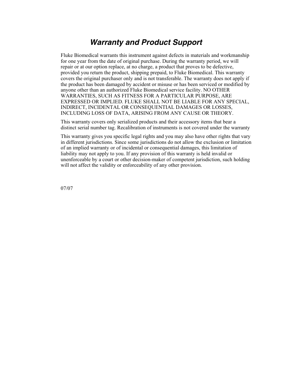 Warranty, Warranty and product support | Fluke Biomedical Cufflink User Manual | Page 2 / 150