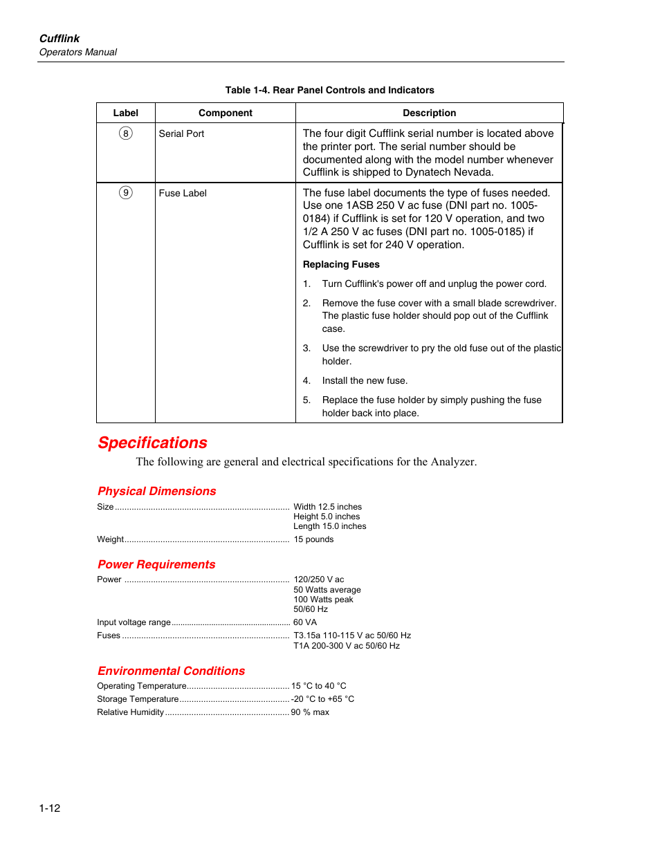 Specifications | Fluke Biomedical Cufflink User Manual | Page 24 / 150