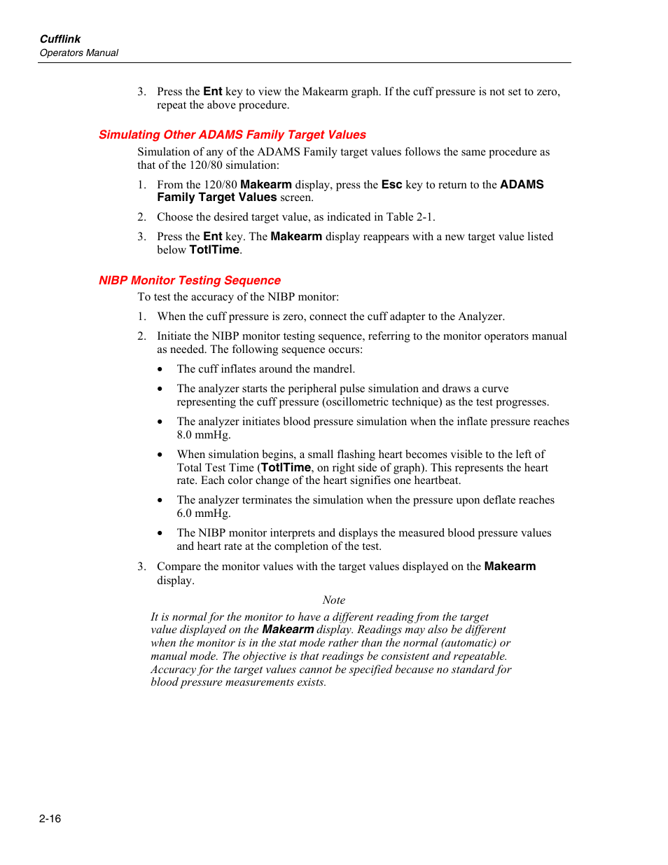 Simulating other adams family target values, Nibp monitor testing sequence | Fluke Biomedical Cufflink User Manual | Page 44 / 150