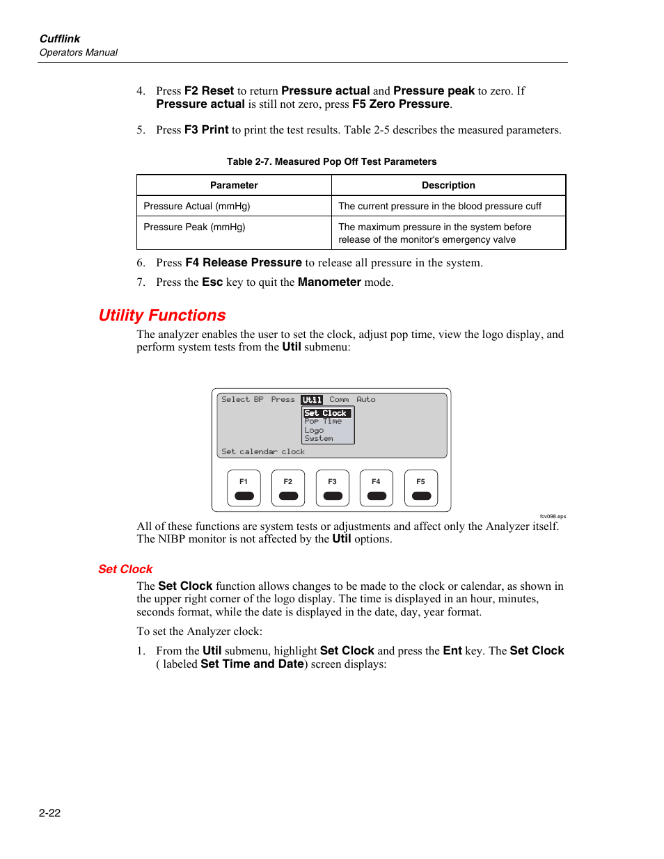 Utility functions, Set clock | Fluke Biomedical Cufflink User Manual | Page 50 / 150