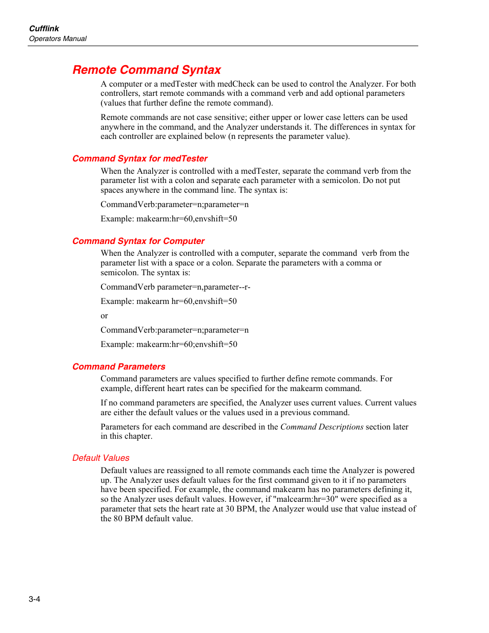 Remote command syntax, Command syntax for medtester, Command syntax for computer | Command parameters | Fluke Biomedical Cufflink User Manual | Page 78 / 150