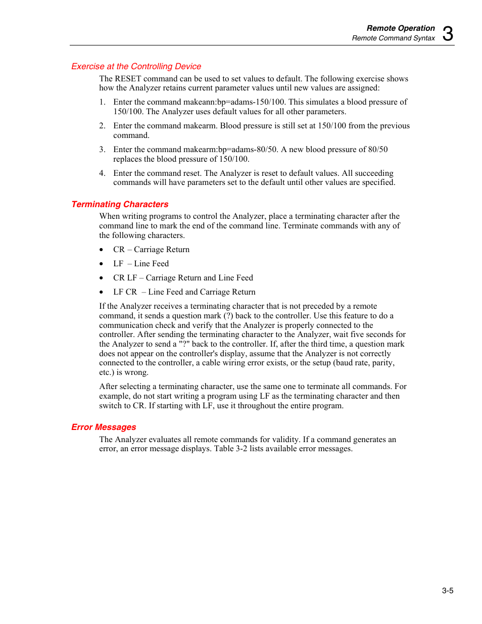 Terminating characters, Error messages | Fluke Biomedical Cufflink User Manual | Page 79 / 150