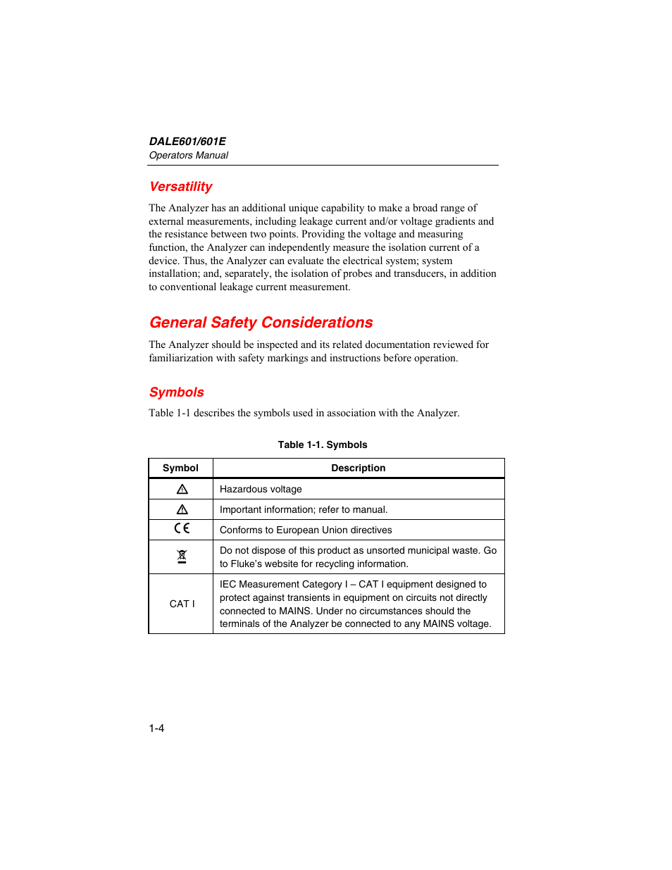 Versatility, General safety considerations, Symbols | Fluke Biomedical DALE601 User Manual | Page 14 / 54