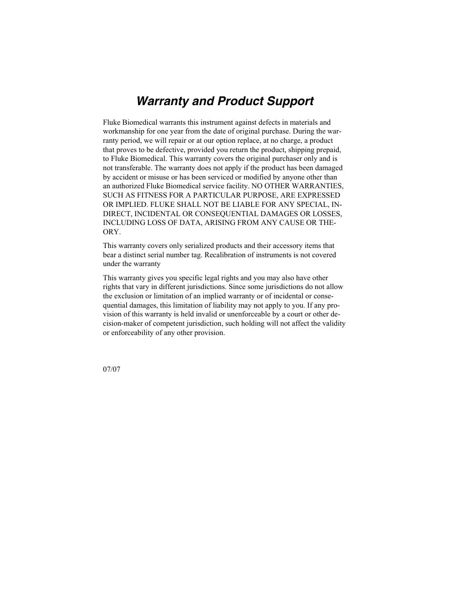 Warranty, Warranty and product support | Fluke Biomedical DALE601 User Manual | Page 2 / 54