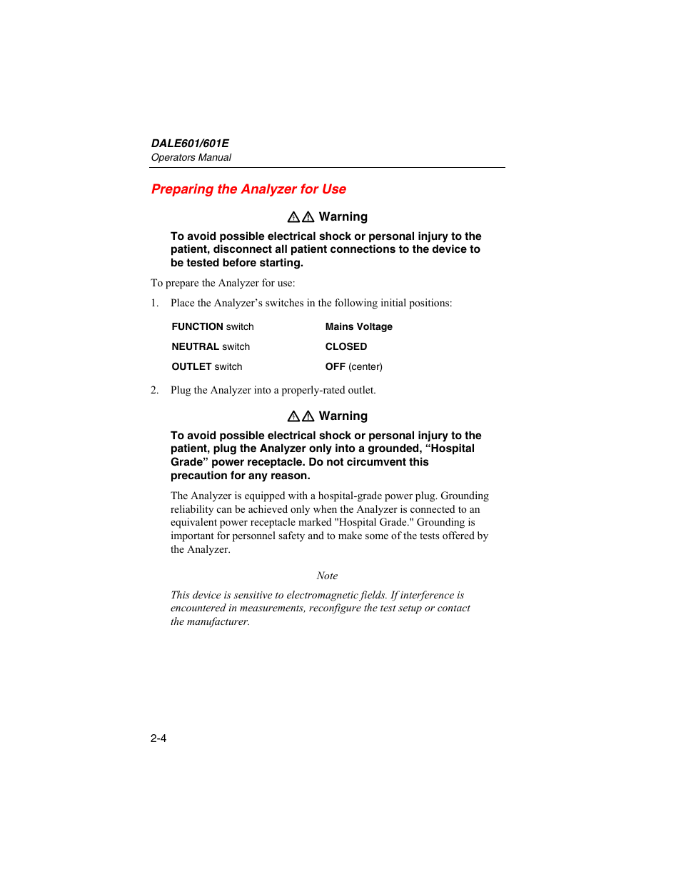Preparing the analyzer for use | Fluke Biomedical DALE601 User Manual | Page 28 / 54