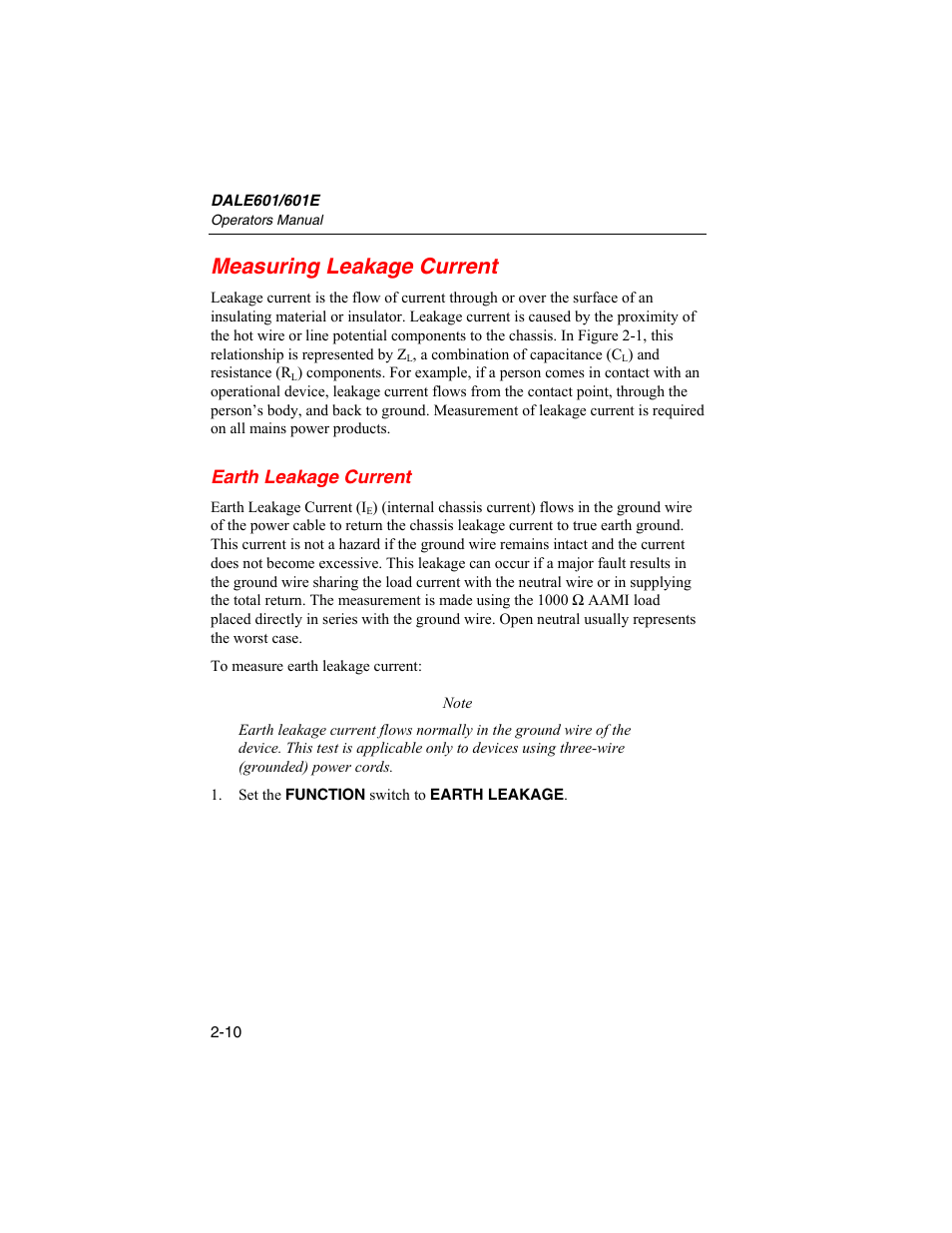 Measuring leakage current, Earth leakage current | Fluke Biomedical DALE601 User Manual | Page 34 / 54