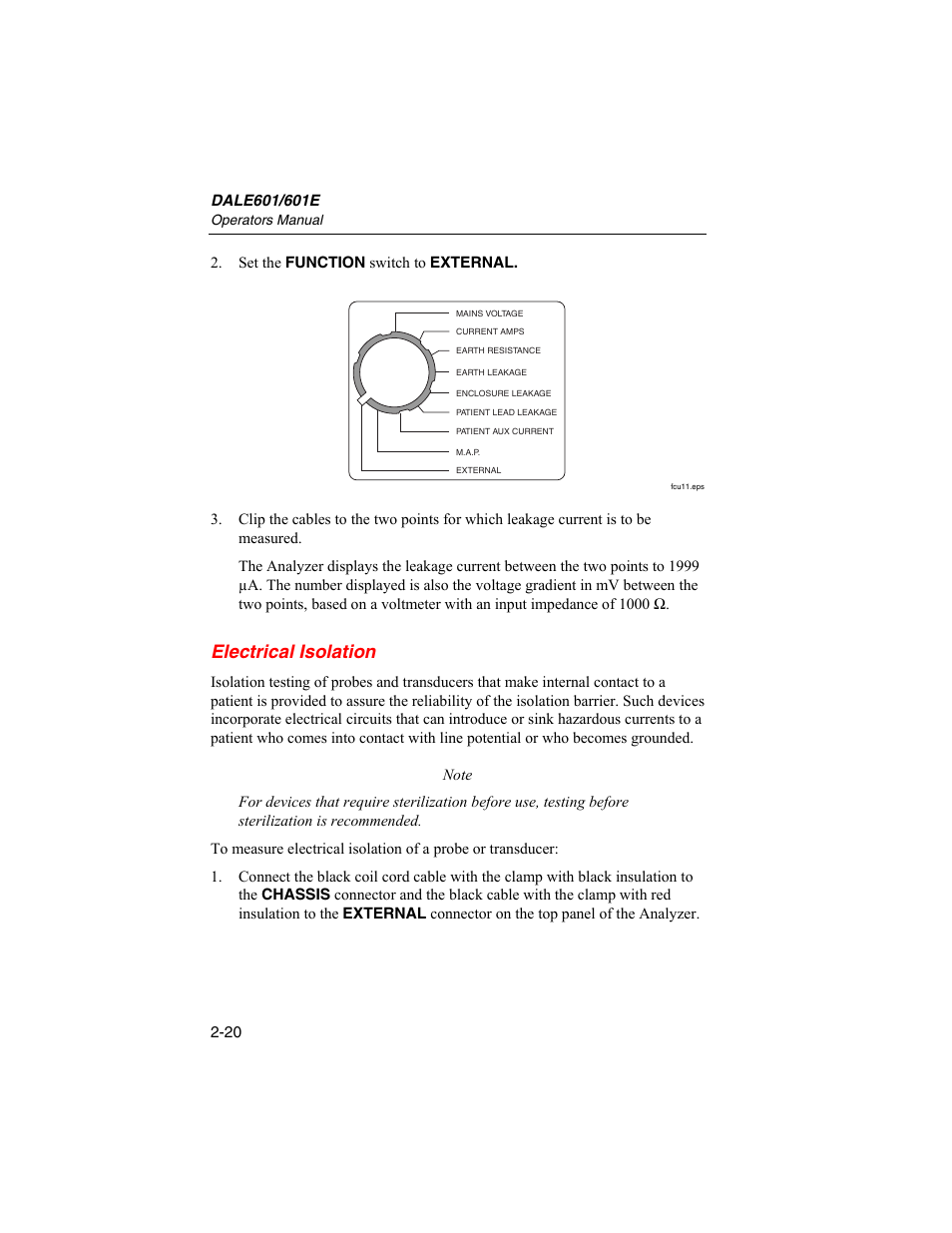 Electrical isolation, 20 2. set the function switch to external | Fluke Biomedical DALE601 User Manual | Page 44 / 54