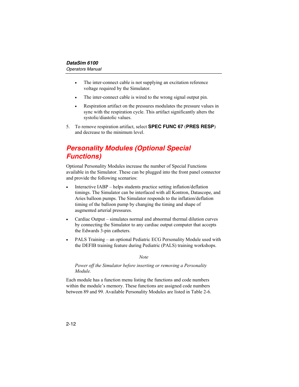 Personality modules (optional special functions) | Fluke Biomedical DataSim 6100 User Manual | Page 48 / 64