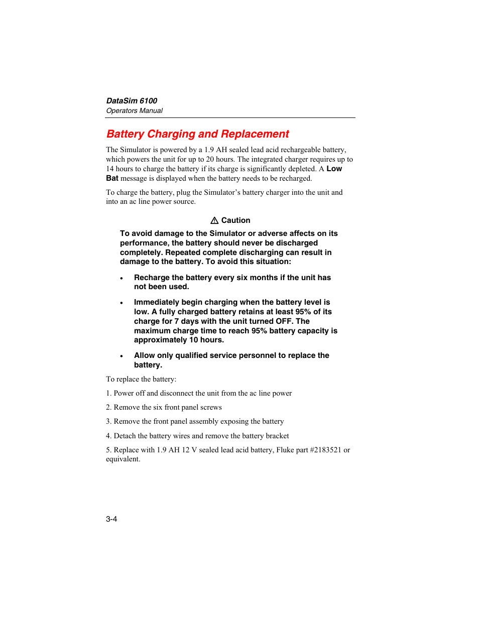 Battery charging and replacement | Fluke Biomedical DataSim 6100 User Manual | Page 62 / 64