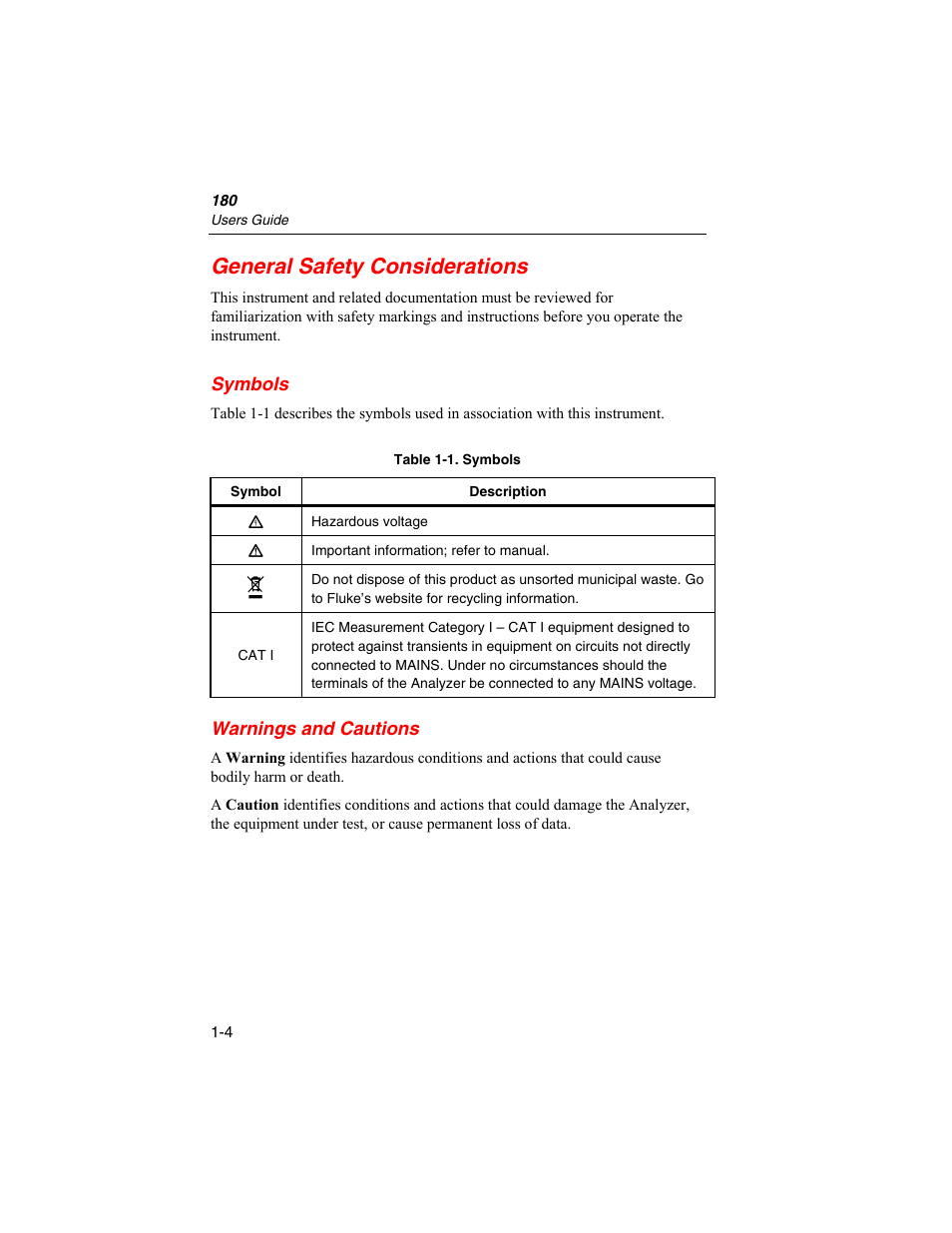 General safety considerations, Symbols, Warnings and cautions | Fluke Biomedical ESA180 User Manual | Page 14 / 46