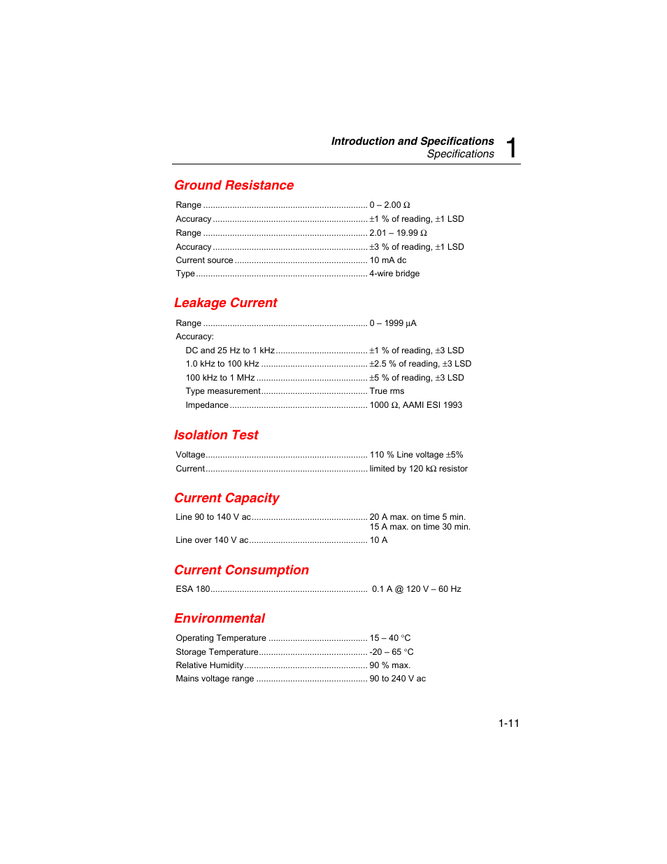 Ground resistance, Leakage current, Isolation test | Current capacity, Current consumption, Environmental | Fluke Biomedical ESA180 User Manual | Page 21 / 46