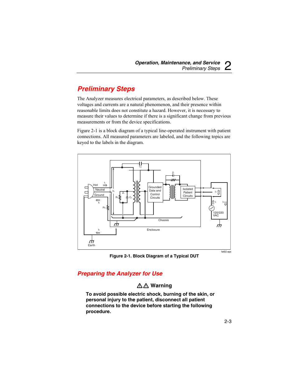 Preliminary steps, Preparing the analyzer for use, Wx warning | Figure 2-1. block diagram of a typical dut | Fluke Biomedical ESA180 User Manual | Page 25 / 46