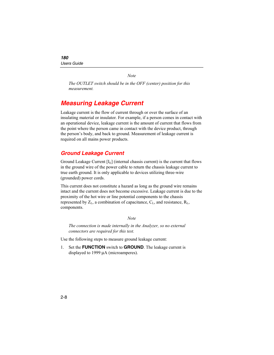 Measuring leakage current, Ground leakage current | Fluke Biomedical ESA180 User Manual | Page 30 / 46