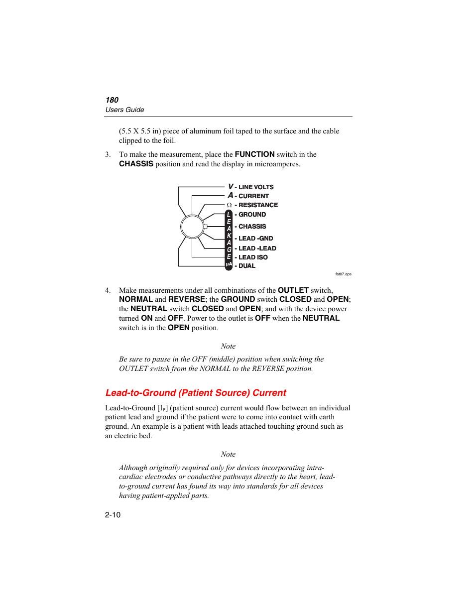 Lead-to-ground (patient source) current | Fluke Biomedical ESA180 User Manual | Page 32 / 46