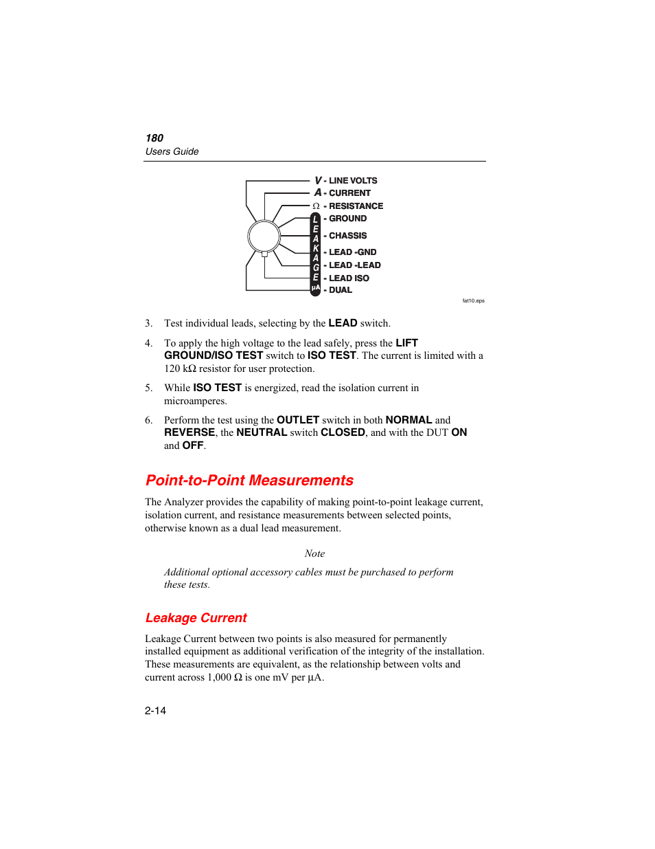 Point-to-point measurements, Leakage current | Fluke Biomedical ESA180 User Manual | Page 36 / 46