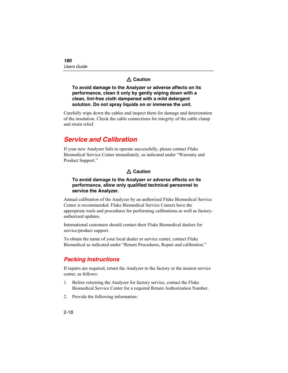 Service and calibration, Packing instructions | Fluke Biomedical ESA180 User Manual | Page 40 / 46