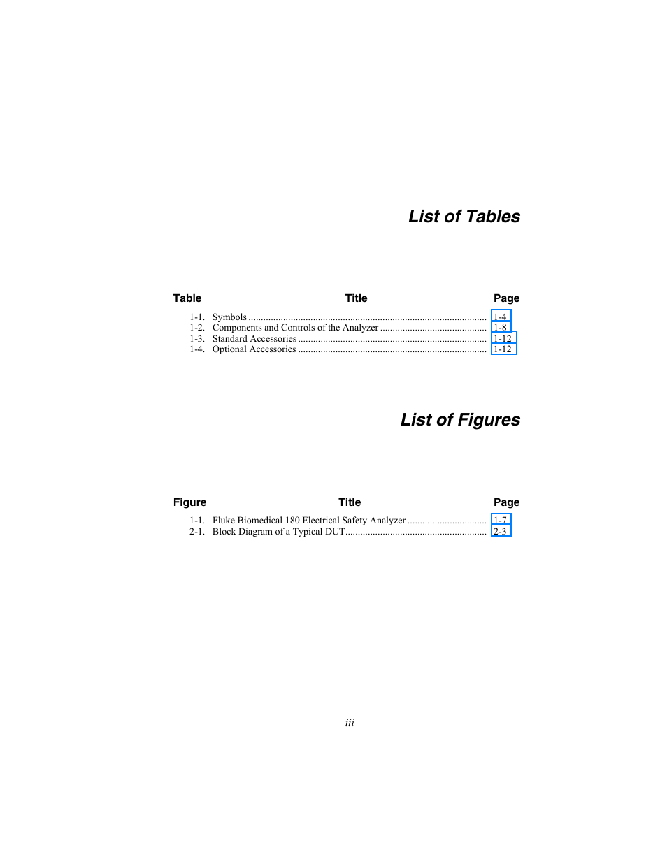 List of tables, List of figures | Fluke Biomedical ESA180 User Manual | Page 9 / 46