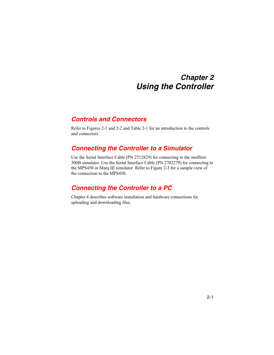 Using the controller, Controls and connectors, Connecting the controller to a simulator | Connecting the controller to a pc, Chapter 2 | Fluke Biomedical HHC3 User Manual | Page 15 / 106